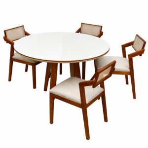 Mesa de Jantar Atlanta 120cm Redonda com Vidro e 4 Cadeiras Berlim Hr em Linho Madeira Minas Plac