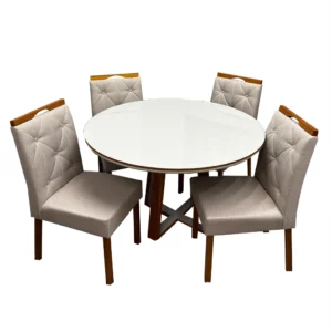 Mesa de Jantar Atlanta 100cm Redonda com Vidro e 4 Cadeiras Jasmim em Veludo Estofadas Minas Plac