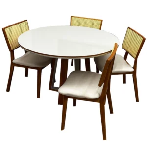 Mesa de Jantar Atlanta 120cm Redonda com Vidro e 4 Cadeiras Livia em Linho Madeira Minas Plac