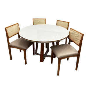 Mesa de Jantar Atlanta 120cm Redonda com Vidro e 4 Cadeiras Monalisa em Linho Madeira Minas Plac