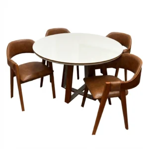 Mesa de Jantar Atlanta 120cm Redonda com Vidro e 4 Cadeiras Perola em Corino Madeira Minas Plac