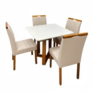 Mesa de Jantar Bali 90x90cm com Vidro e 4 Cadeiras California em Linho Estofadas Minas Plac