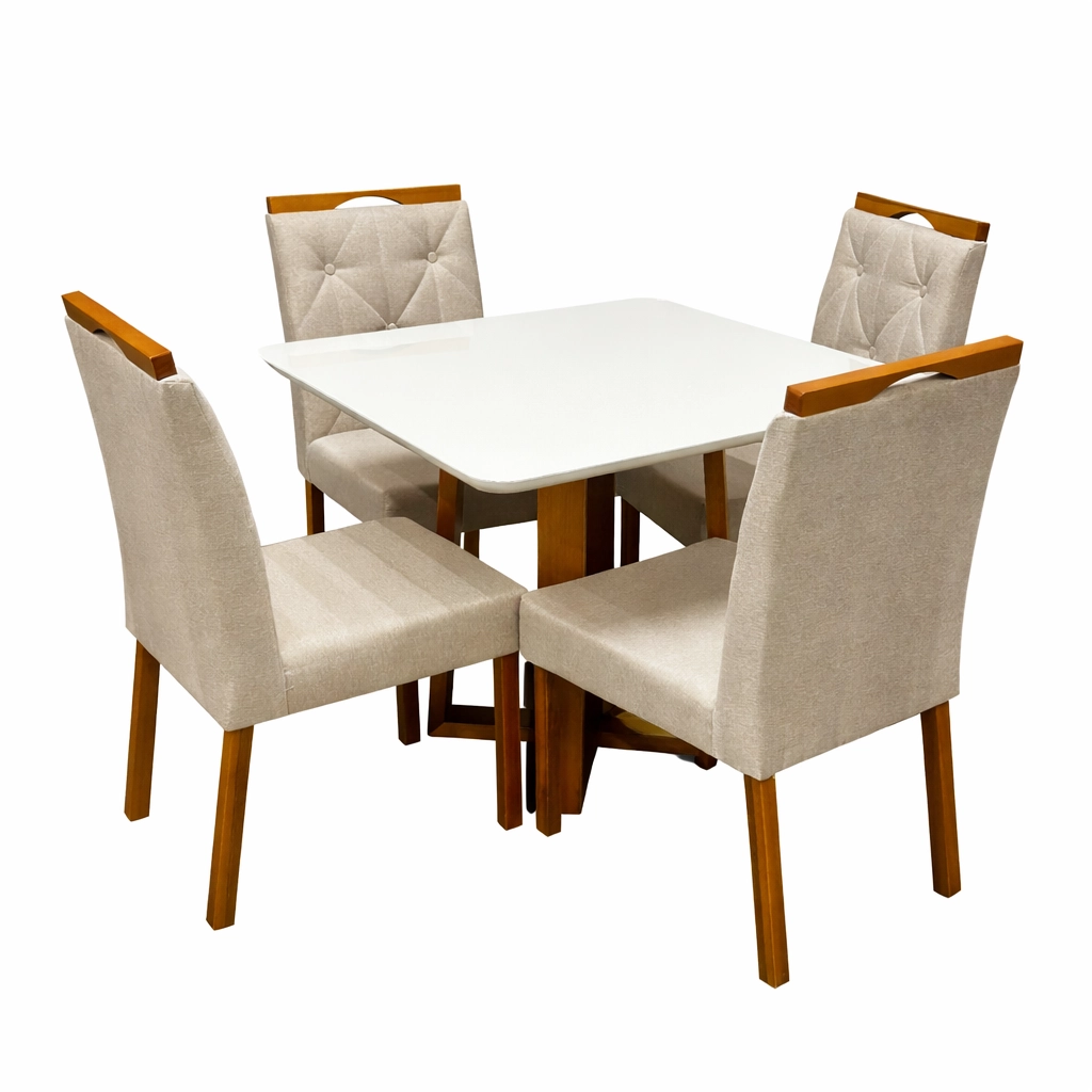 Mesa de Jantar Bali 90x90cm com Vidro e 4 Cadeiras Jasmim em Veludo Estofadas Minas Plac