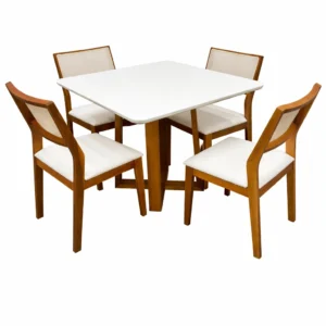 Mesa de Jantar Bali 90x90cm com Vidro e 4 Cadeiras Oiti em Linho Madeira Minas Plac