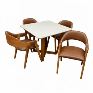 Mesa de Jantar Bali 90x90cm com Vidro e 4 Cadeiras Perola em Corino Madeira Minas Plac