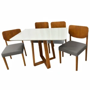 Mesa de Jantar Bali 120x80cm com Vidro e 4 Cadeiras Barcelona em Linho Madeira Minas Plac