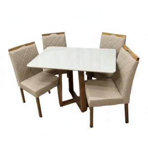 Mesa de Jantar Bali 120x90cm com Vidro e 4 Cadeiras California em Linho Estofadas Minas Plac