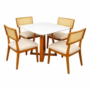 Mesa de Jantar Bali 120x90cm com Vidro e 4 Cadeiras Diamante em Linho Madeira Minas Plac