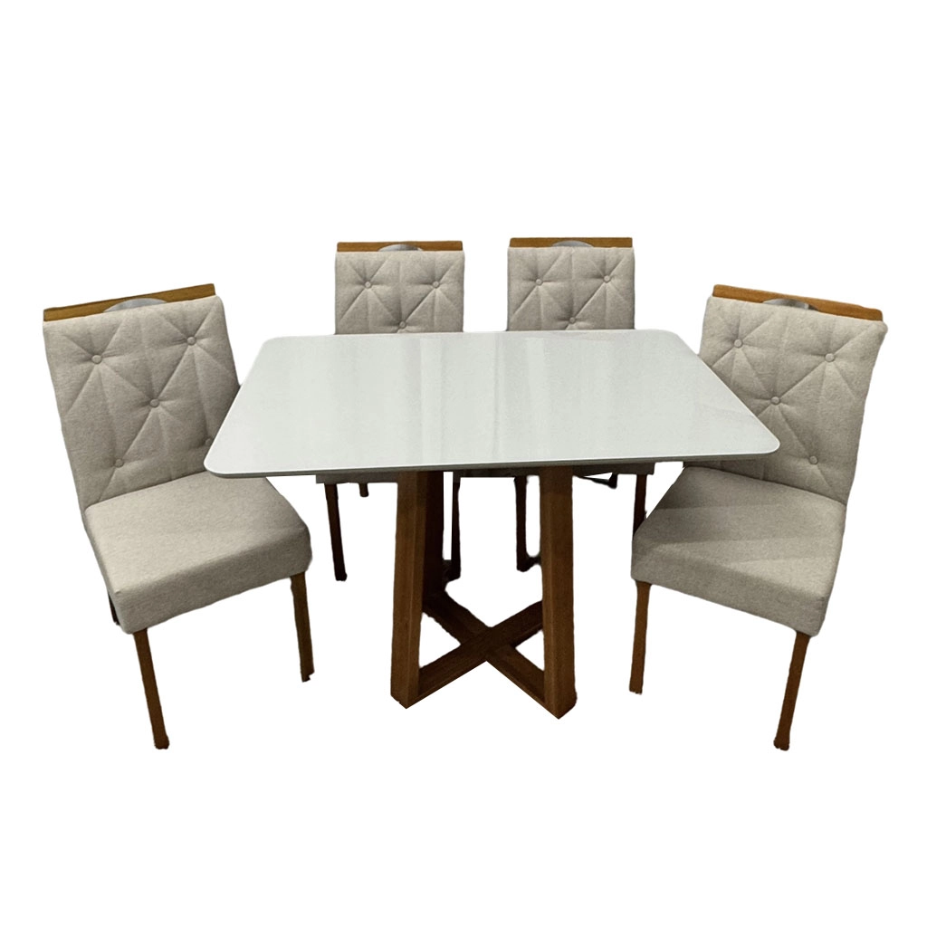 Mesa de Jantar Bali 120x80cm com Vidro e 4 Cadeiras Jasmim em Linho Estofadas Minas Plac