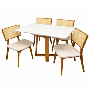 Mesa de Jantar Bali 120x90cm com Vidro e 4 Cadeiras Livia em Linho Madeira Minas Plac