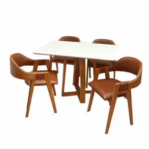 Mesa de Jantar Bali 120x90cm com Vidro e 4 Cadeiras Perola em Corino Madeira Minas Plac