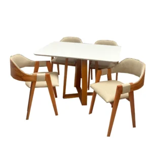 Mesa de Jantar Bali 120x90cm com Vidro e 4 Cadeiras Perola em Linho Madeira Minas Plac