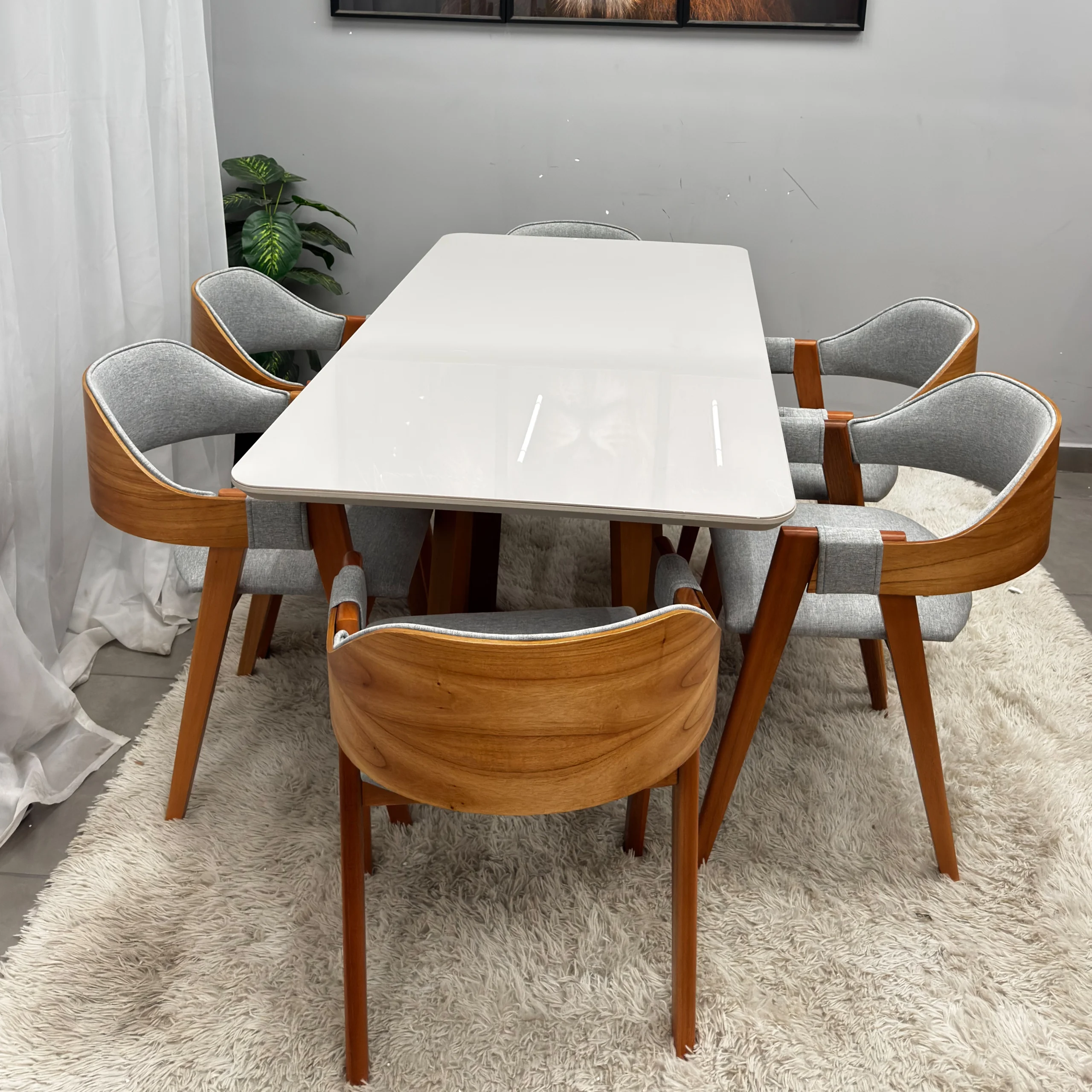 Mesa de Jantar Bali 160x90cm com Vidro e 6 Cadeiras Perola em Linho Madeira Minas Plac - Imagem 3