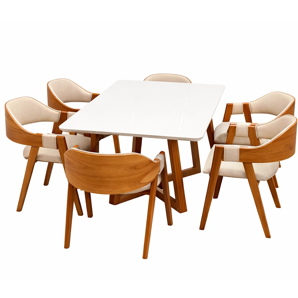 Mesa de Jantar Bali 160x90cm com Vidro e 6 Cadeiras Perola em Linho Madeira Minas Plac