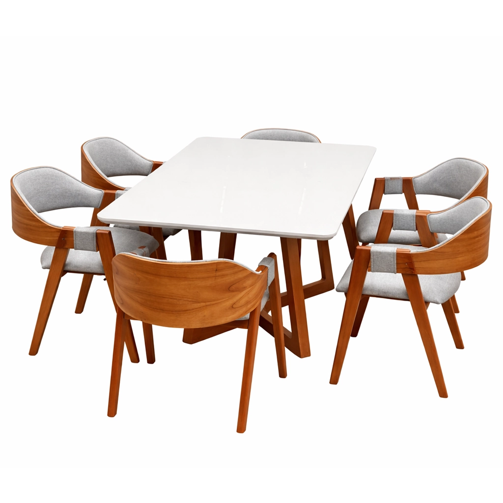 Mesa de Jantar Bali 160x90cm com Vidro e 6 Cadeiras Perola em Linho Madeira Minas Plac - Imagem 4