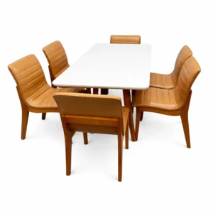 Mesa de Jantar Bali 160x90cm com Vidro e 6 Cadeiras Sofia em Corino Estofadas Minas Plac