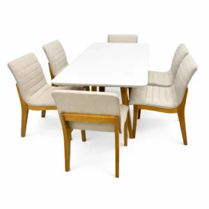 Mesa de Jantar Bali 160x90cm com Vidro e 6 Cadeiras Sofia em Linho Estofadas Minas Plac