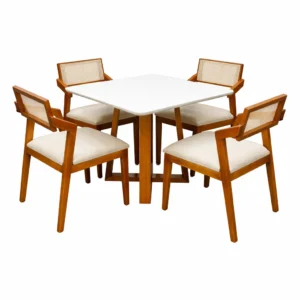 Mesa de Jantar Bali 90x90cm com Vidro e 4 Cadeiras Berlim Hr em Linho Madeira Minas Plac