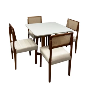 Mesa de Jantar Bali 90x90cm com Vidro e 4 Cadeiras Grecia em Linho Madeira Minas Plac