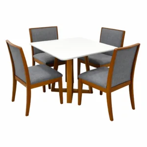 Mesa de Jantar Bali 90x90cm com Vidro e 4 Cadeiras Lara Kappesberg em Linho Madeira Minas Plac