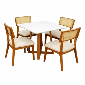 Mesa de Jantar Bali 90x90cm com Vidro e 4 Cadeiras Livia em Linho Madeira Minas Plac
