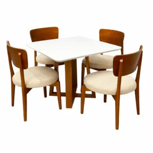 Mesa de Jantar Bali 90x90cm com Vidro e 4 Cadeiras Maldivas em Linho Madeira Minas Plac