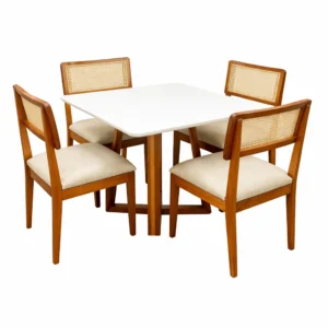 Mesa de Jantar Bali 90x90cm com Vidro e 4 Cadeiras Monalisa em Linho Madeira Minas Plac