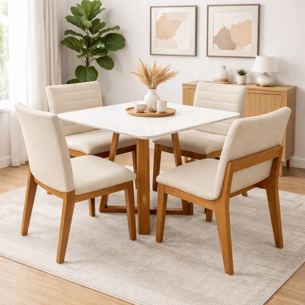 Mesa de Jantar Bali 90x90cm com Vidro e 4 Cadeiras Sofia em Linho Estofadas Minas Plac - Imagem 3