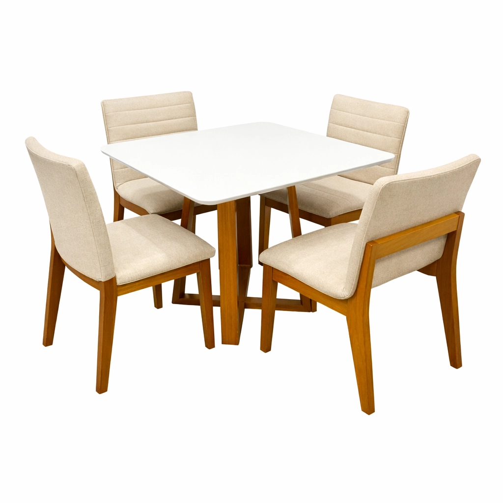 Mesa de Jantar Bali 90x90cm com Vidro e 4 Cadeiras Sofia em Linho Estofadas Minas Plac