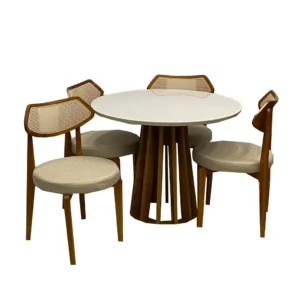 Mesa de Jantar Berlim 100cm Redonda com Vidro e 4 Cadeiras Athenas em Linho Madeira Cel Móveis