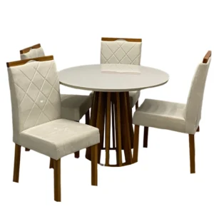 Mesa de Jantar Berlim 100cm Redonda com Vidro e 4 Cadeiras California em Linho Estofadas Cel Móveis