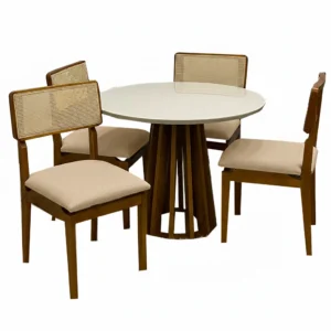 Mesa de Jantar Berlim 100cm Redonda com Vidro e 4 Cadeiras Canada em Linho Madeira Cel Móveis
