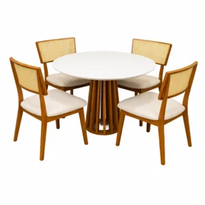 Mesa de Jantar Berlim 100cm Redonda com Vidro e 4 Cadeiras Diamante em Linho Madeira Cel Móveis