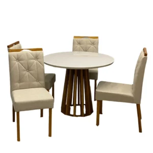 Mesa de Jantar Berlim 100cm Redonda com Vidro e 4 Cadeiras Jasmim em Linho Estofadas Cel Móveis