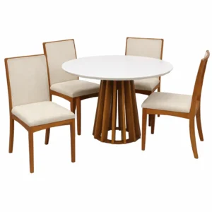 Mesa de Jantar Berlim 100cm Redonda com Vidro e 4 Cadeiras Lara Kappesberg em Linho Madeira Cel Móveis