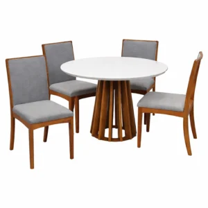 Mesa de Jantar Berlim 100cm Redonda com Vidro e 4 Cadeiras Lara Kappesberg em Linho Madeira Cel Móveis