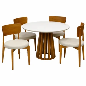 Mesa de Jantar Berlim 100cm Redonda com Vidro e 4 Cadeiras Maldivas em Linho Madeira Cel Móveis