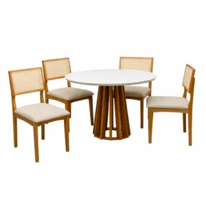 Mesa de Jantar Berlim 100cm Redonda com Vidro e 4 Cadeiras Monalisa em Linho Madeira Cel Móveis