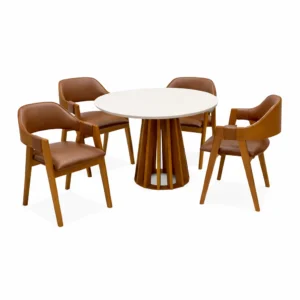 Mesa de Jantar Berlim 100cm Redonda com Vidro e 4 Cadeiras Perola em Corino Madeira Cel Móveis