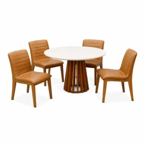 Mesa de Jantar Berlim 100cm Redonda com Vidro e 4 Cadeiras Sofia em Corino Madeira Cel Móveis