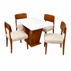Mesa de Jantar Classic 120x80cm com Vidro e 4 Cadeiras Barcelona em Linho Madeira Cel Móveis