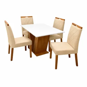 Mesa de Jantar Classic 120x80cm com Vidro e 4 Cadeiras California em Linho Estofadas Cel Móveis