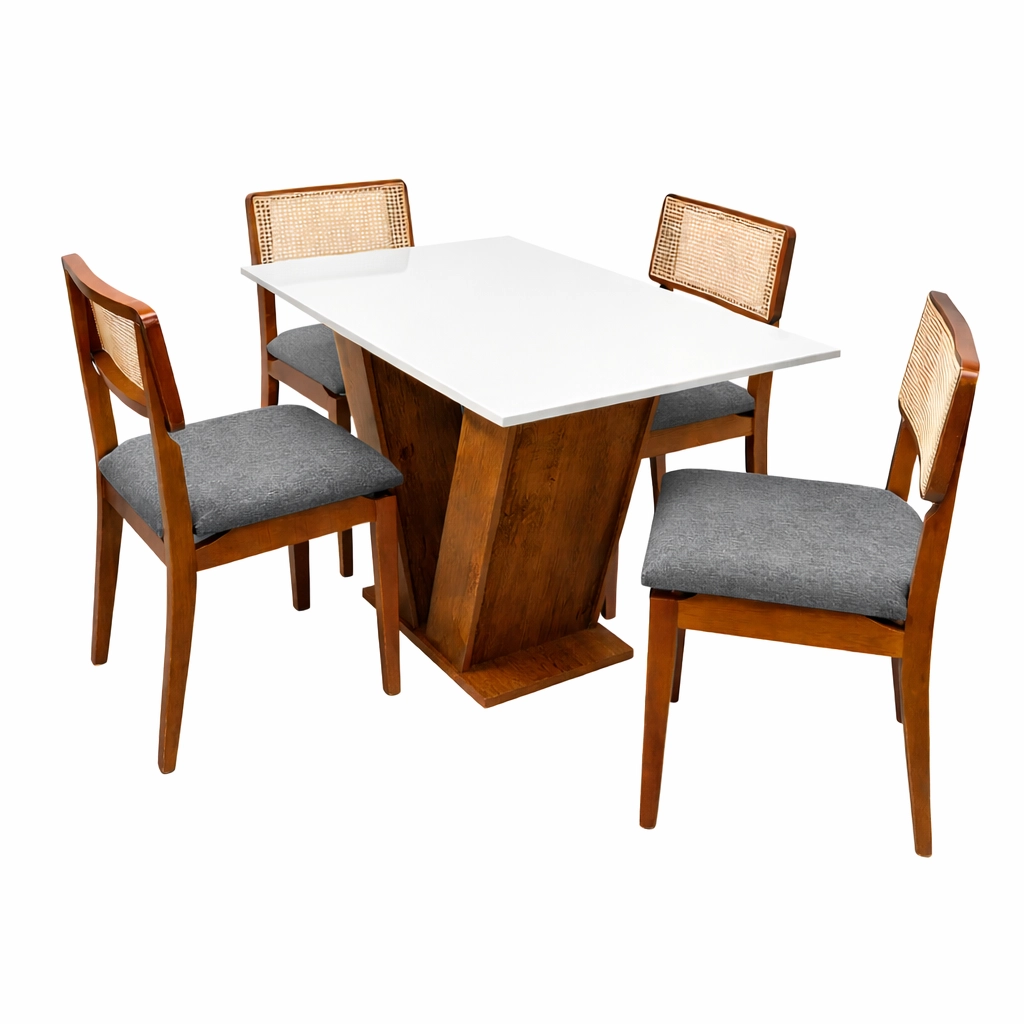 Mesa de Jantar Classic 120x80cm com Vidro e 4 Cadeiras Canada em Linho Madeira Cel Móveis - Imagem 4