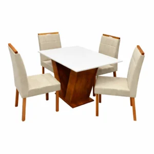 Mesa de Jantar Classic 120x80cm com Vidro e 4 Cadeiras Giulia em Linho Estofadas Cel Móveis