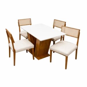 Mesa de Jantar Classic 120x80cm com Vidro e 4 Cadeiras Grecia em Linho Madeira Cel Móveis