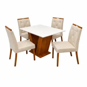Mesa de Jantar Classic 120x80cm com Vidro e 4 Cadeiras Jasmim em Linho Estofadas Cel Móveis