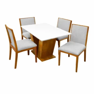 Mesa de Jantar Classic 120x80cm com Vidro e 4 Cadeiras Lara Kappesberg em Linho Madeira Cel Móveis