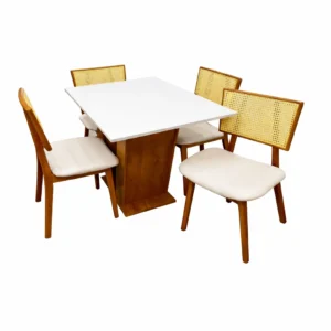 Mesa de Jantar Classic 120x80cm com Vidro e 4 Cadeiras Livia em Linho Madeira Cel Móveis