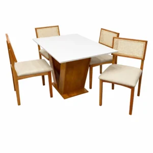 Mesa de Jantar Classic 120x80cm com Vidro e 4 Cadeiras Monalisa em Linho Madeira Cel Móveis