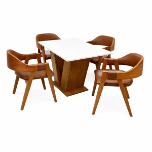 Mesa de Jantar Classic 120x80cm com Vidro e 4 Cadeiras Perola em Corino Madeira Cel Móveis